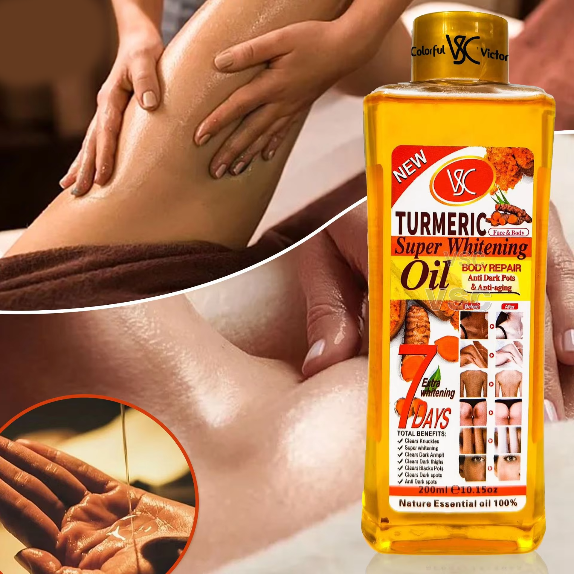 200ml Gold Whitening Body Bleaching Turmeric Super Whitening Oil Top Quality Hot Sell Tumeric Oil for Skin Lightening