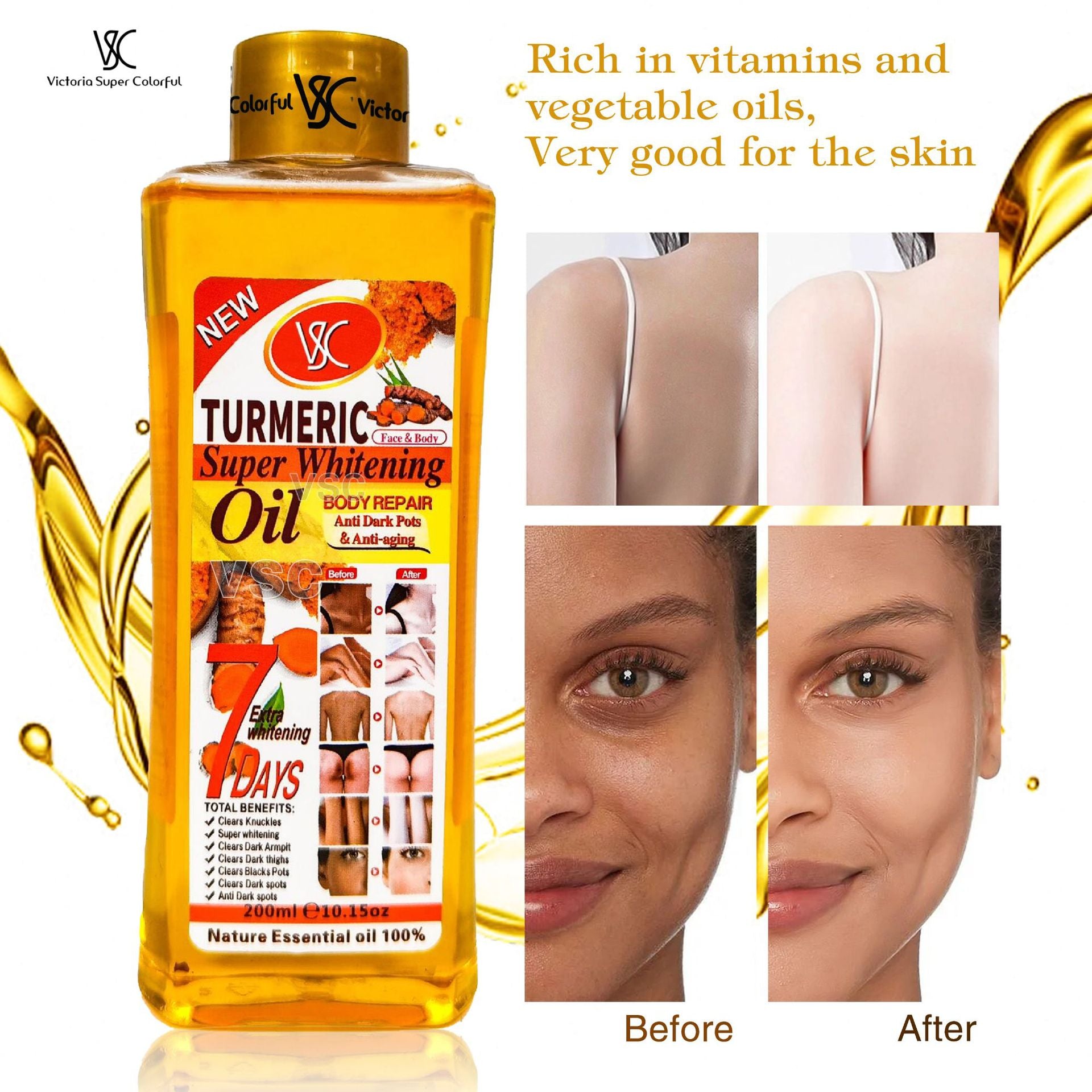 200ml Gold Whitening Body Bleaching Turmeric Super Whitening Oil Top Quality Hot Sell Tumeric Oil for Skin Lightening