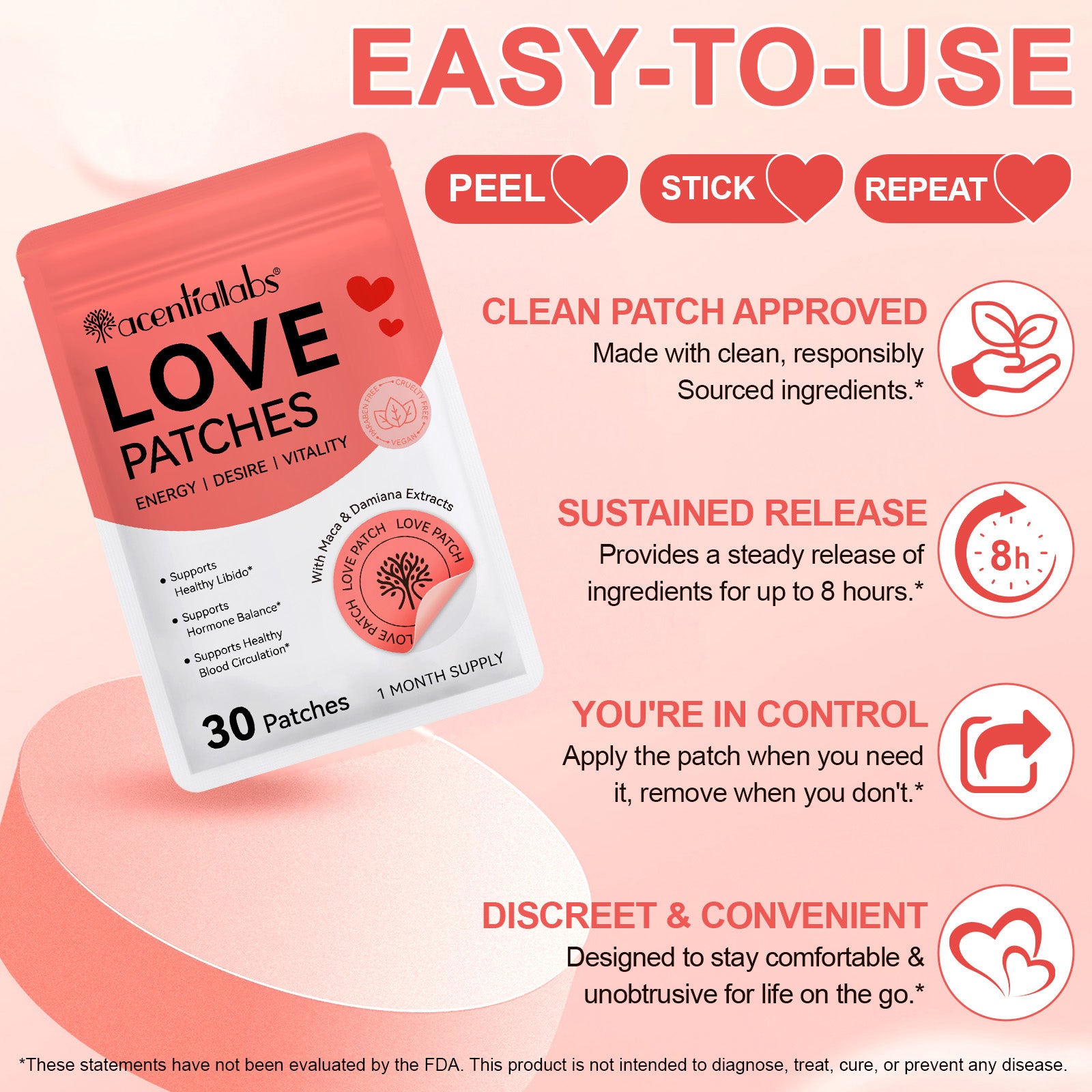 Acentiallabs Organic Maca Damiana Red Ginseng Ashwagandha Extract Transdermal Patch Supports Libido Hormone Balance Love Patches